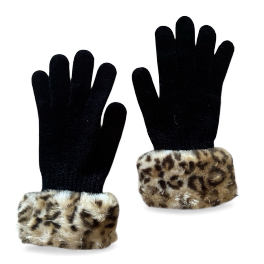 Black Knit Gloves with Leopard Print Fur Trimmed Cuffs EUC